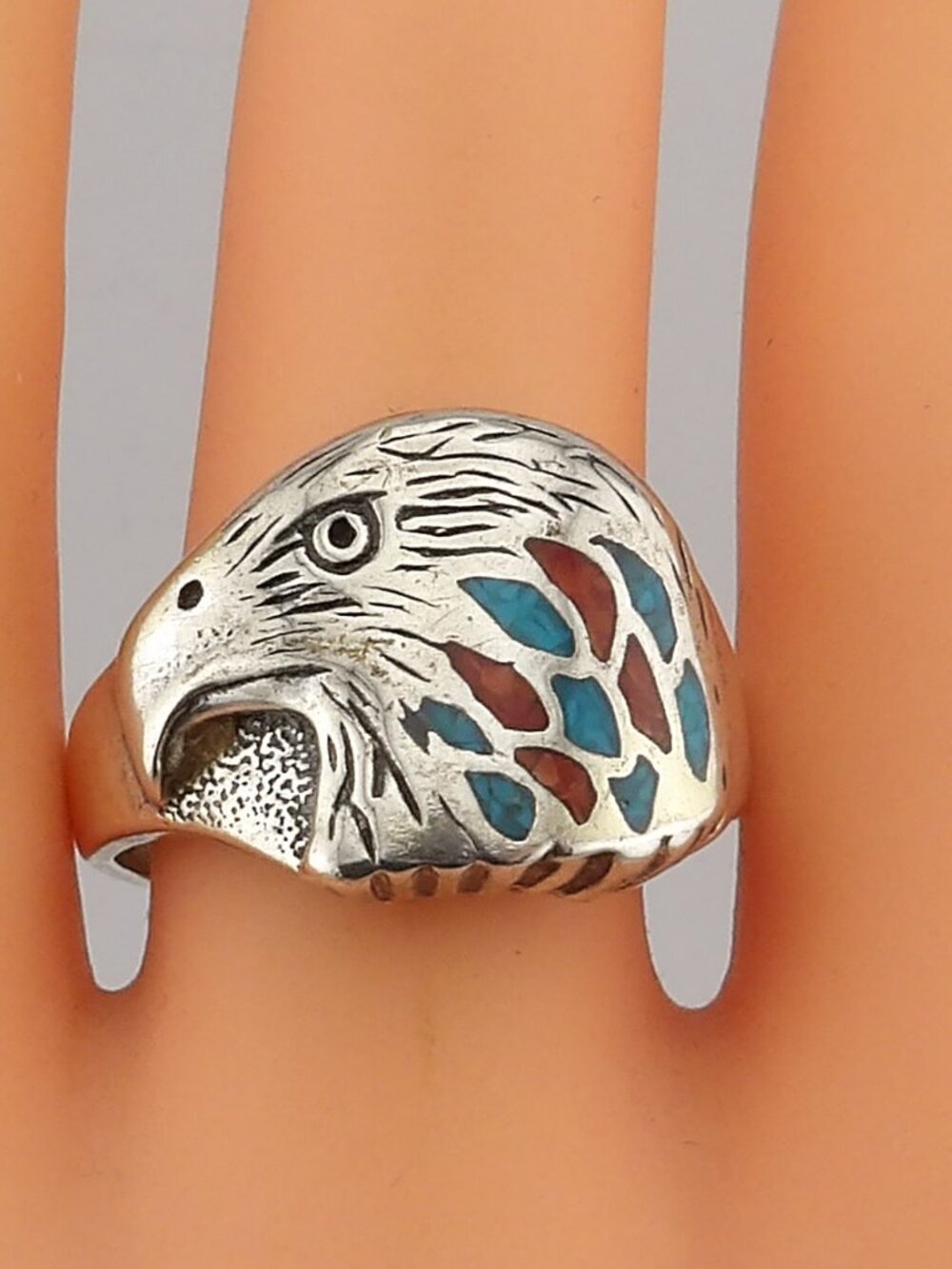 Vintage Native American Navajo Turquoise Coral Sterling Silver Inlay Ring